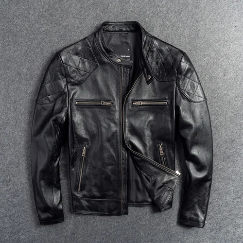 

Мужская короткая мотоциклетная куртка, жакет из натуральной воловьей кожи с воротником-стойкой, пальто для осени, 2023