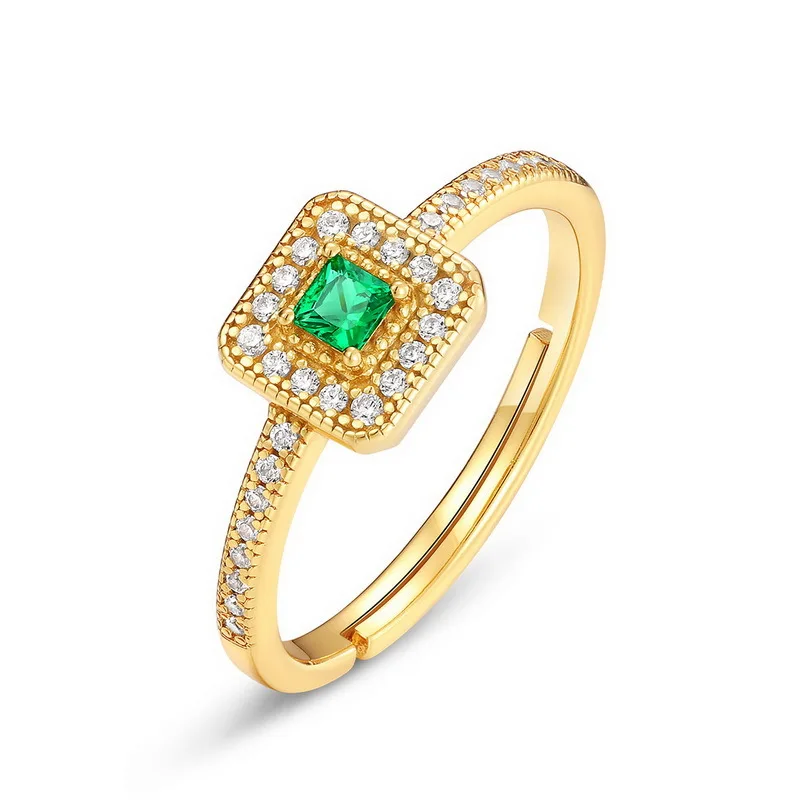 

Luxury S925 Sterling Silver 6A Green Zircon Adjustable Rings 1 Micron 10K Gold Plated Pave CZ Wedding Bridal Gemstones Jewelry