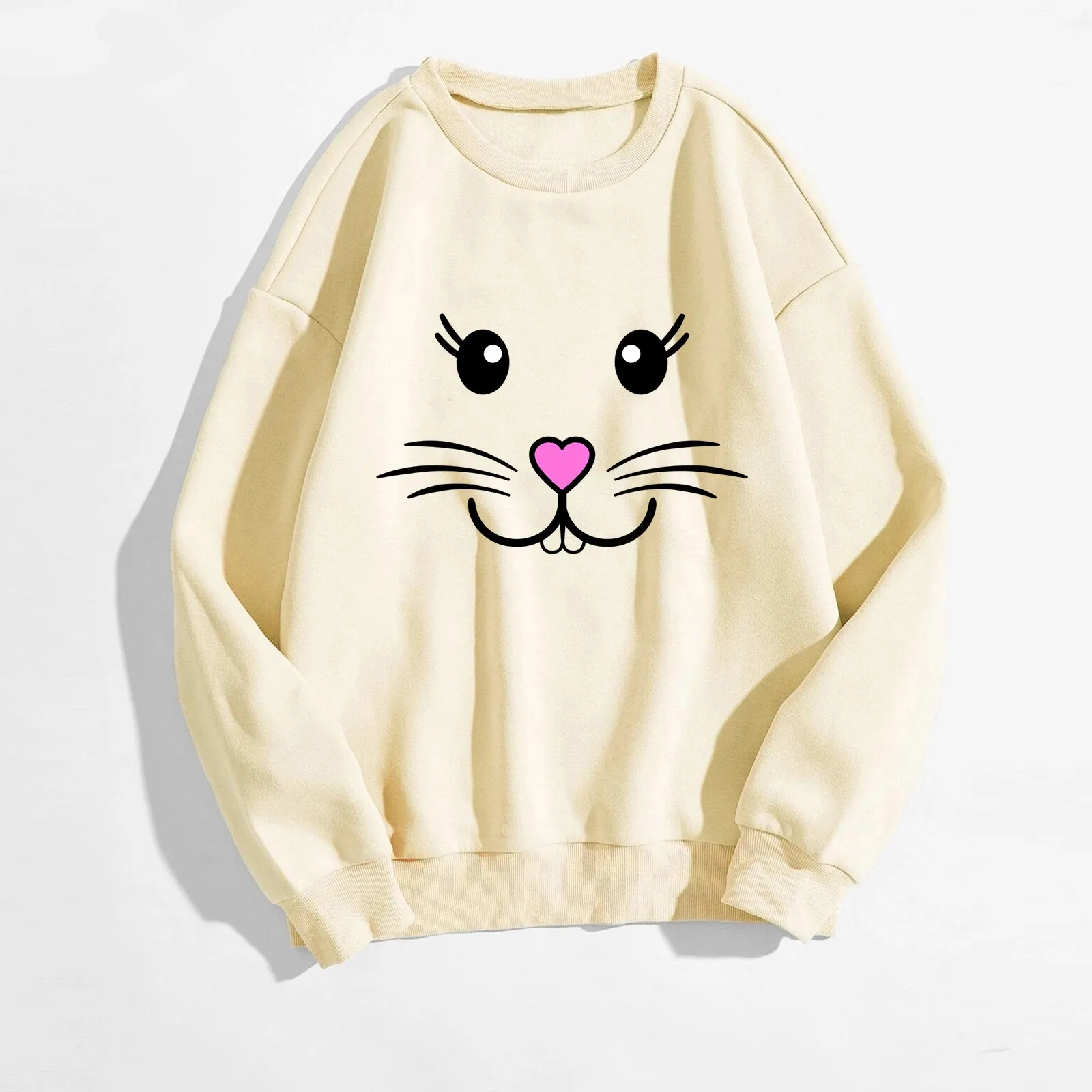 

Womens Bunny Face Printed Funny Crewneck Sweatshirt Long Sleeve Rabbit Kawaii Graphic Casual Loose Fit Pullover Top Streetwear