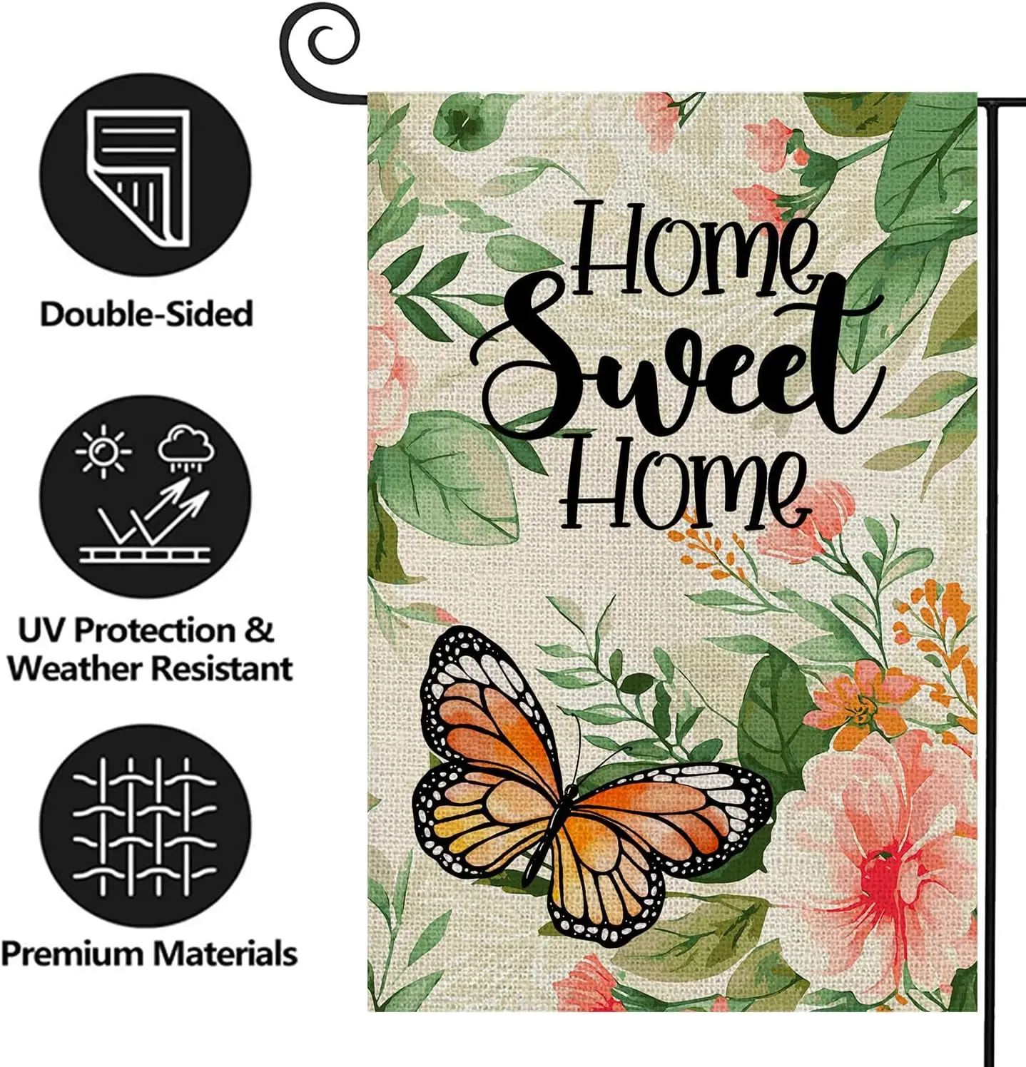 Фото Декоративный двусторонний вертикальный садовый флаг Texupday Home Sweet Home с акварельными цветами и бабочками, весна-лето, рустик WZZ №3