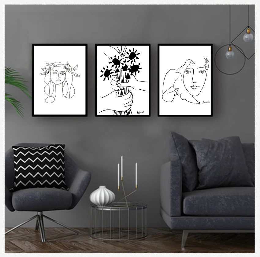 

Woman Bouquet of Peace Painting Poster Minimalist Wall Art Home Wall Decor Picasso Line Art Drawing Canvas Art Prints Sketches
