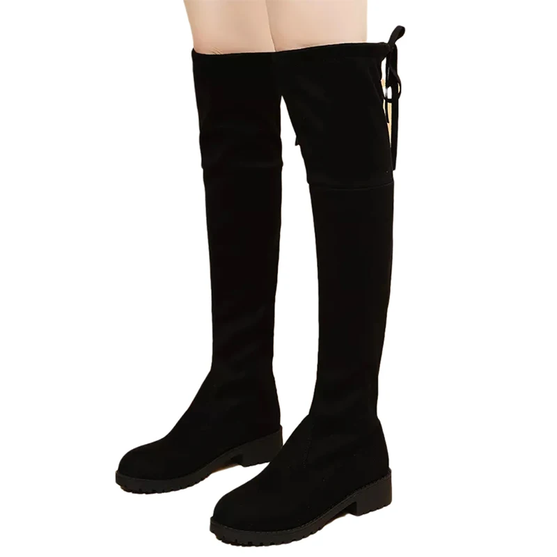 Женские сапоги-Челси выше колена теплые зимние сапоги на низком каблуке плоской