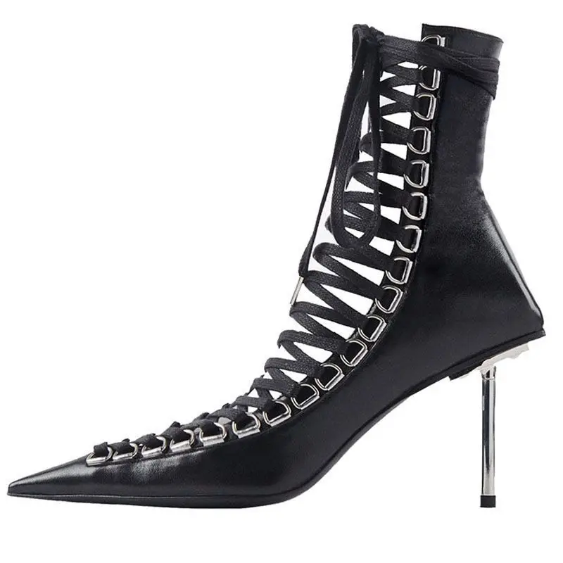 

Pointed Toe Stiletto Heels Ankle Boots Cross Tied Booties Side Zipper Plus Size Women Shoes Elegant Luxury Zapatos Mujer