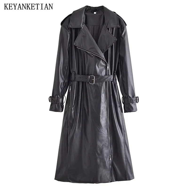 

Тренчкот KEYANKETIAN женский из искусственной кожи, длинное пальто из искусственной кожи на молнии, с лацканами и поясом, толстый черный, Осень-зима