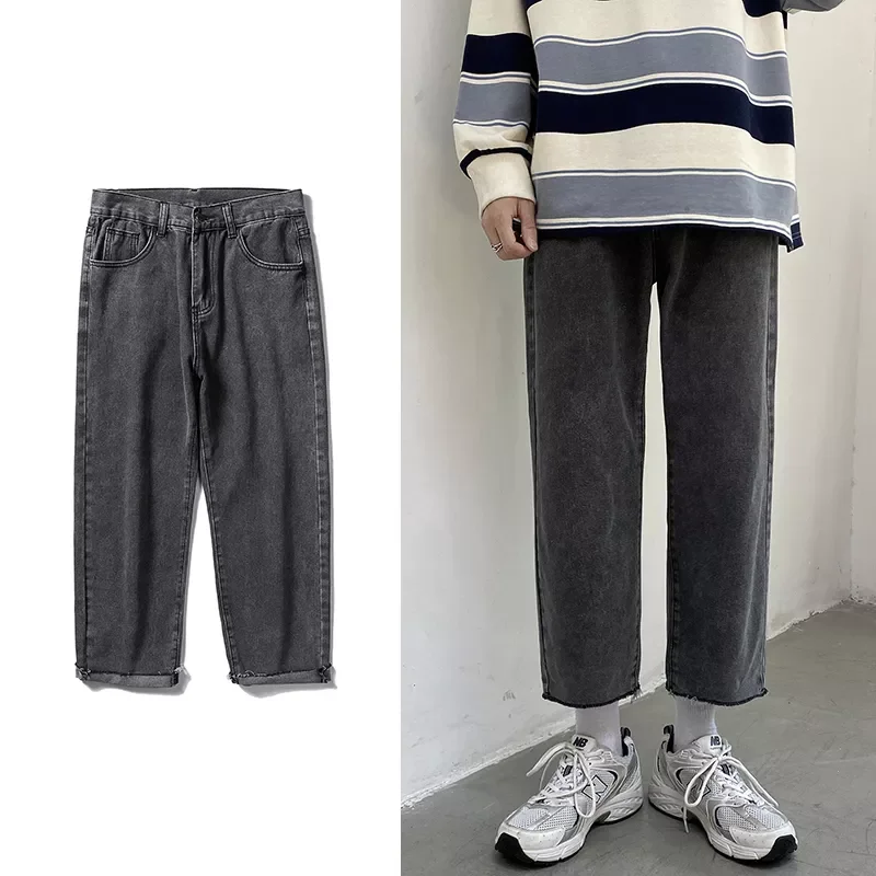 

Streetwear Smoky Gray Baggy Jeans 2021 Autumn New Korean Fashion Straight Denim Cropped Trousers Wide Leg Pants Male