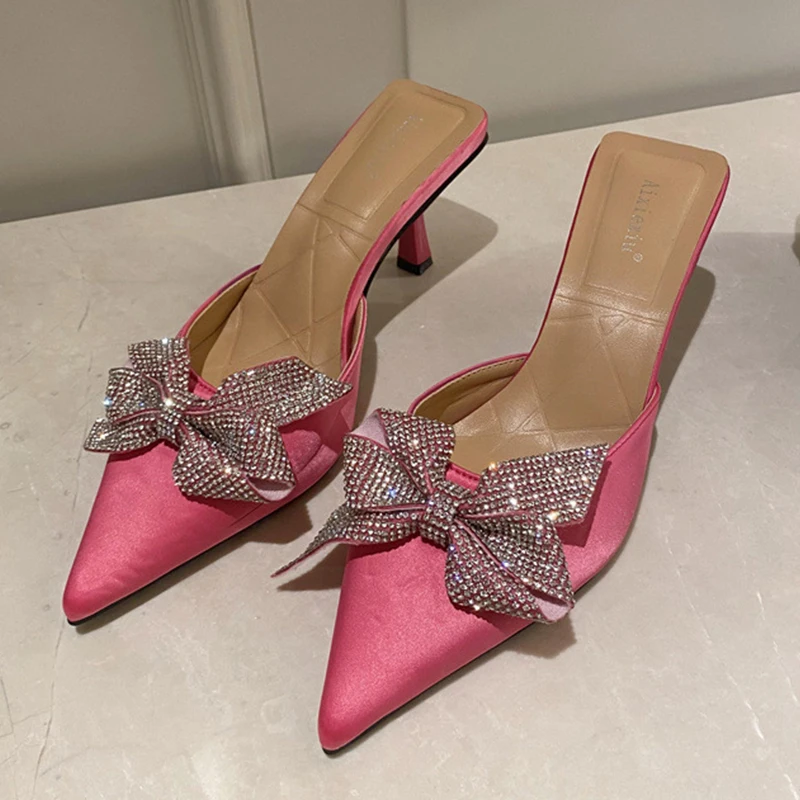 

Crystal Butterfly-knot Pointed Toe Thin Heels Mules Women Party Shoes 2022 New Summer Ladies Sexy Elegant Slippers Women Slides