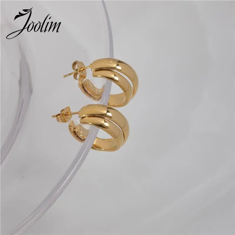 

Waterproof & Tarnish Free Fashion Semicircle Double C Shaped Smooth Hoop Earrings Gold Steel Splicing Stainless Steel Jewelry
