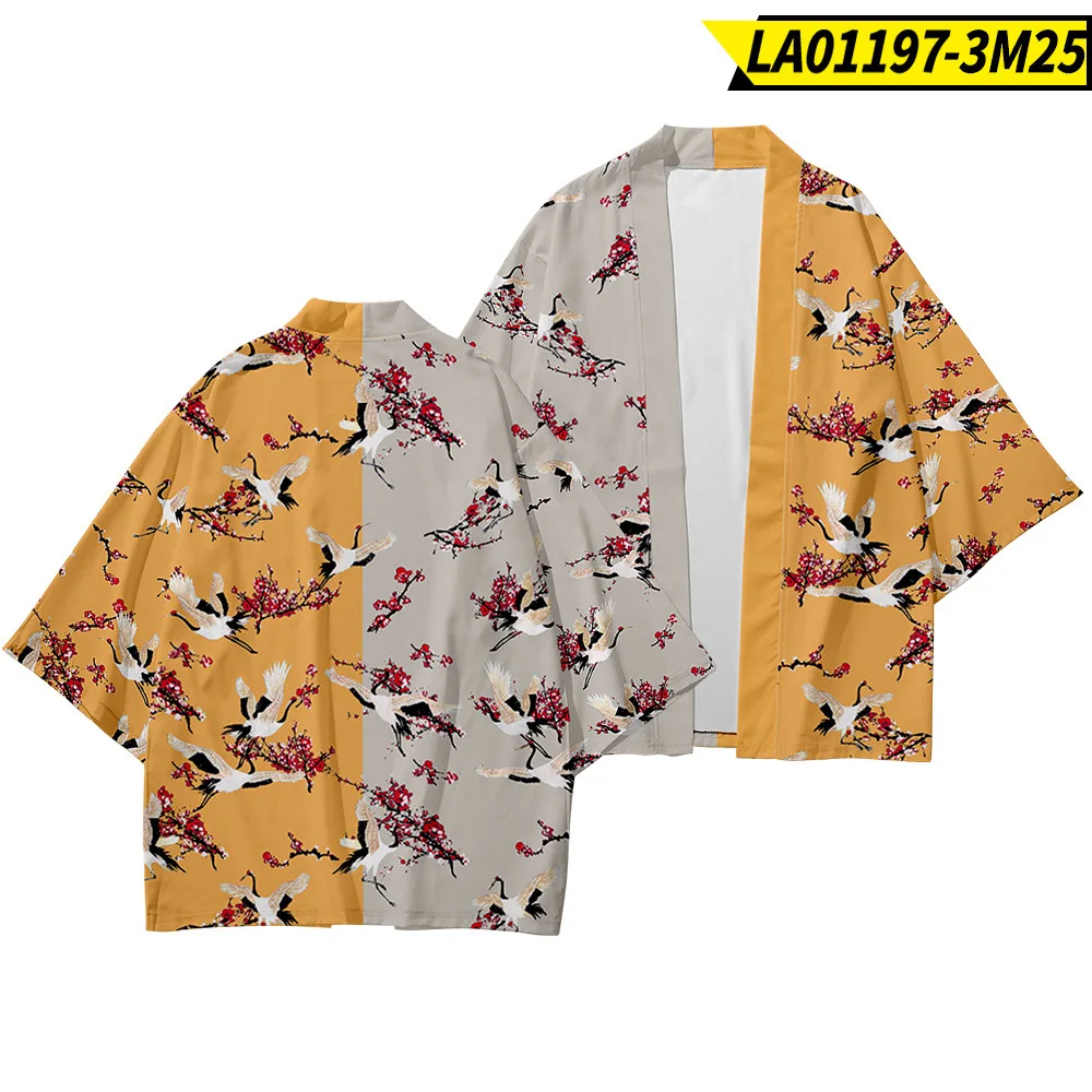 Chinese Kimono Men Print Crane Cardigan Large Size Polyester 3/4 Sleeve Robe Spring Summer New Underwear Casual Home Bathrobe