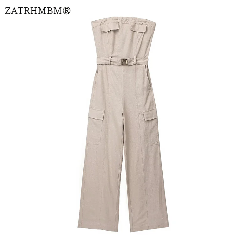 

ZATRHMBM 2023 Women Fashion Linen Blend Cargo Jumpsuit Vintage Strapless Side Pockets Female Jumpsuits Mujer