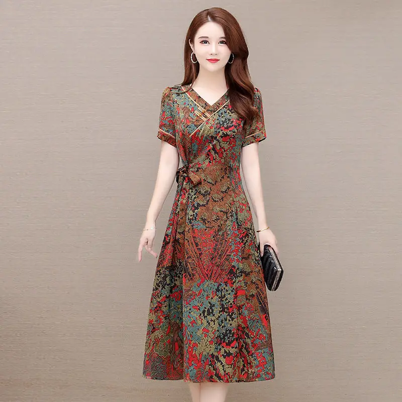 

Vintage Chinese Style Cheongsam Floral Print Dress Women 2022 Summer Mother's Casual Elegant Short Sleeve Slim V Neck Dresses