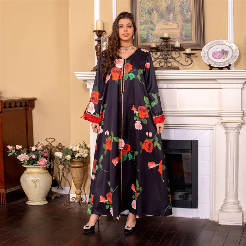 Dubai Luxury Abaya Elegant Casual Printed V-Neck Diamonds Tassel Sleeve Women Kaftan Muslim Dress Formal Occasion Dresses
