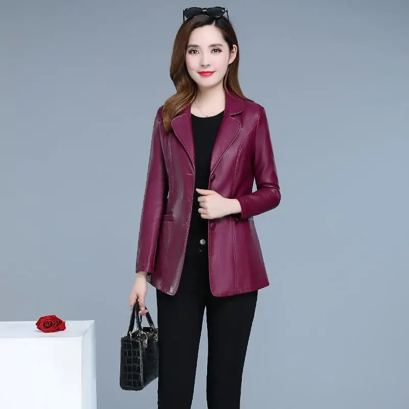 Burgundy Lady Clothes Long Autumn Winter Coat Short Leather Clothing Women's Suit Collar Slim PU Leather Jacket Women's