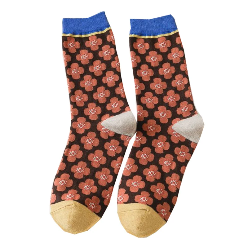 4 Pairs Street Style Women Socks Japanese Fashion Flowers Print Cotton Long Winter Socks Female Casual Socken Vintage Chausette