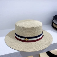 latest panama straw hats for women luxury striped bee logo sun hat casual lady flat brim beach cap trendy chapeu feminino