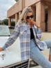 Simplee Office blue plaid shirt women autumn winter Casual lapel long sleeve female shirts coat Fashion high street top jacket 2