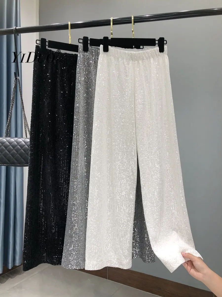 

YI DUO Korean velvet white sequin wide leg pants with large long legs and draping floor pants, thin straight leg pants for women