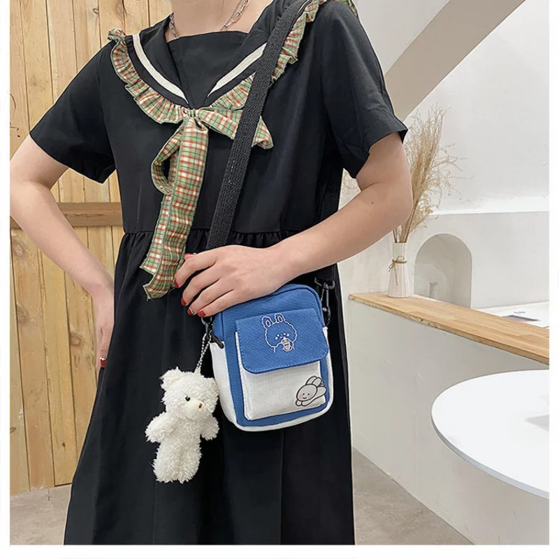 2023 New Canvas Women Phone Bag Cartoon Printed Shoulder Messenger Bag Hit Color Flap Purse Casual Handbag Female Shopping Bag