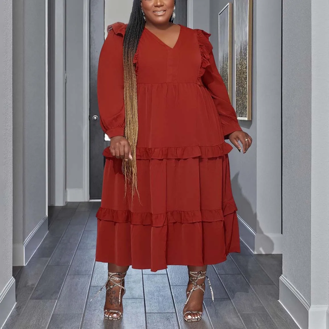 Plus Size Dresses for Women 3XL 4XL Loose Full Sleeve Solid Pullovers Mid Calf Elegant Evening Party Dinner Vestidos Mujer Dress