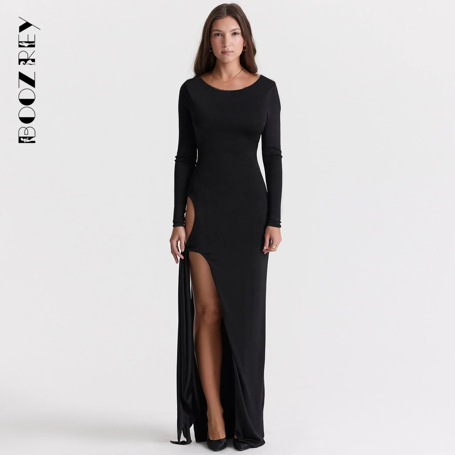 

BoozRey Sexy Split Hem Midi Dress Fall Women Boat Neck Solid Long Sleeve Wrapped Dresses Fashion Party Female Clothes Streetwear