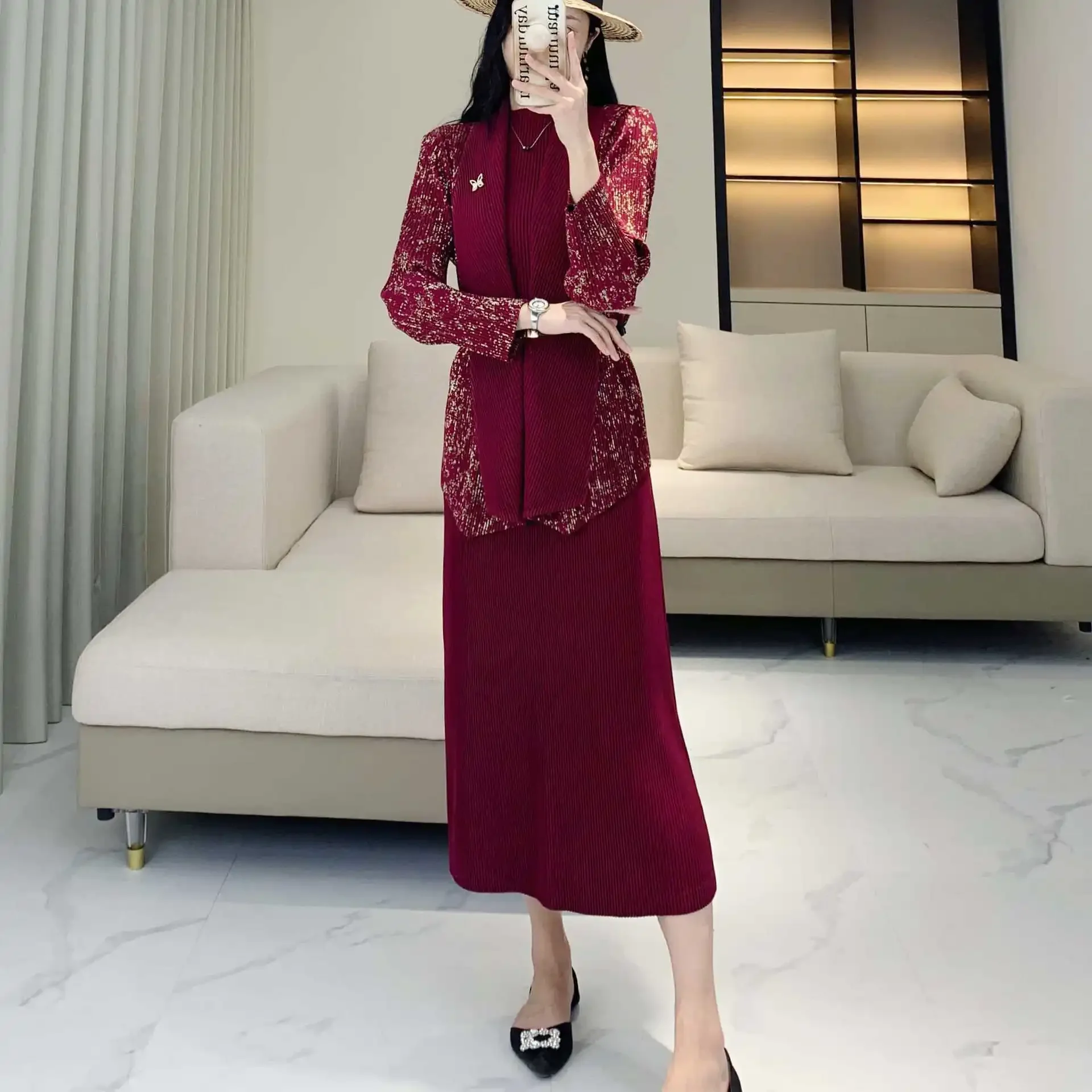 Складки Новинка осени пригородный костюм нишевая модель роскошный для пожилых