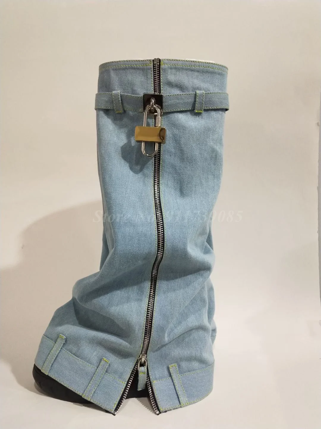 2023 Lock Decor Denim Shark Boots Fashion Thick Bottom Zip Knee High Boots Wedges High Heels Long Boots Women Shoes Plus Size 44