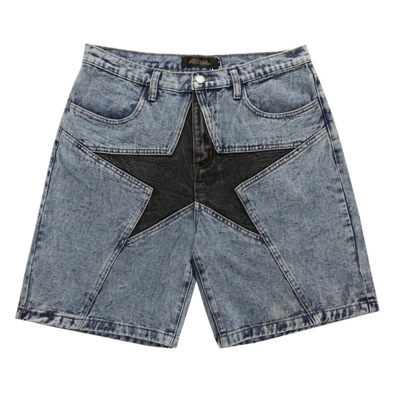 Men Star Patch Denim Shorts Harajuku Casual Loose Pants Contrast  Patchwork Summer Over Size Hip Hop Blue Jeans 2022 Fashion New