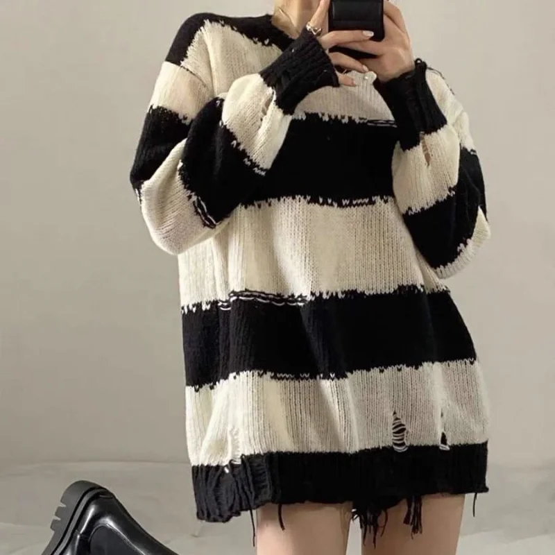 

Deeptown Vintage Striped Sweater Women Korean Style Knitted Female Jumper Harajuku Fashion Knitwear Ripped Pullover Streetwear