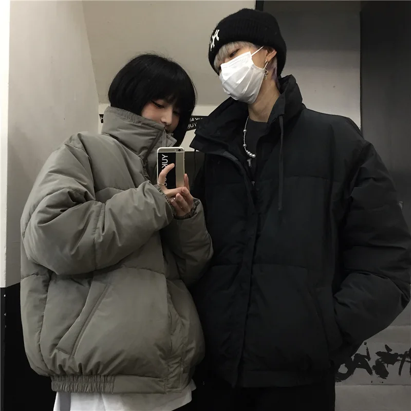 Women Winter Coats Korean Ins Harajuku Student Fashion Couple Coat Solid Color Thickened Loose High Collar Cotton Padded Jackets