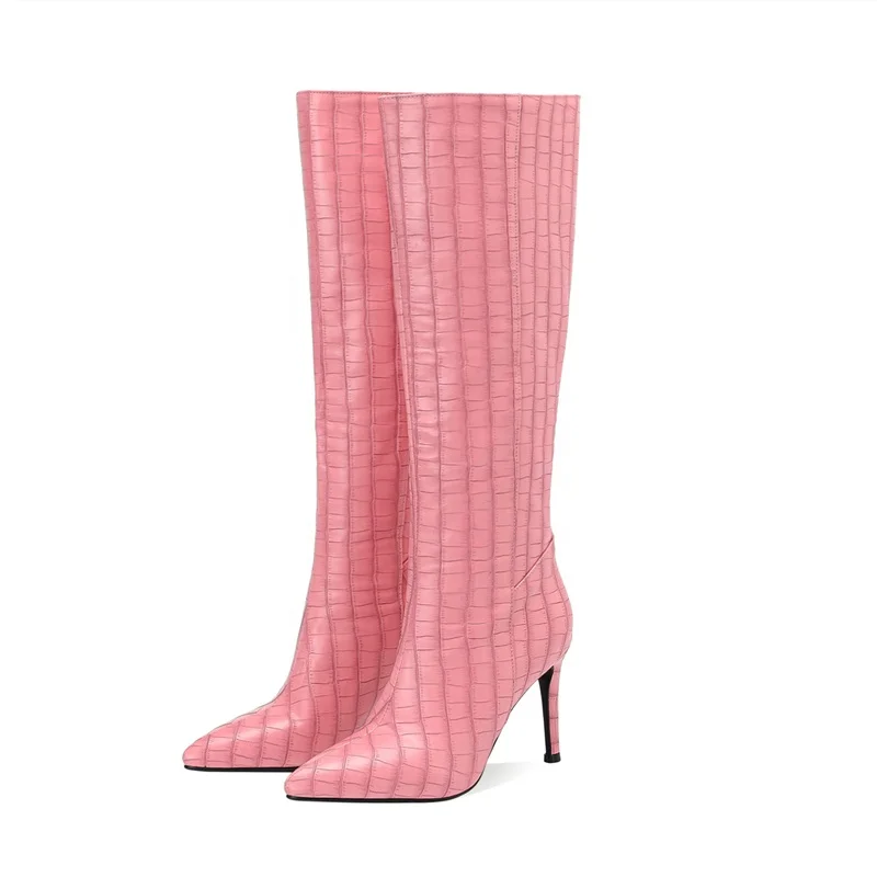 Solid Stone Print Slip on Shoes Booty Women's Knee High Boots Pointy Toe Thin High Heel Fashion Shoes Autumn Winter 43