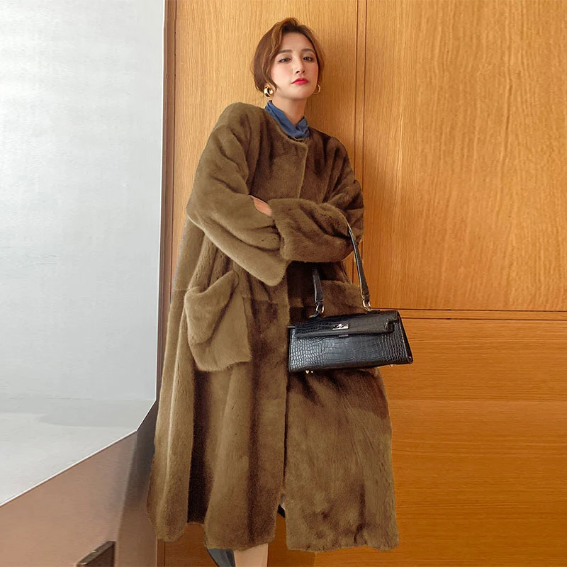 Fashion Round Neck Casual Faux Fur European and American Temperament Coat Women's Coat Loose Mid-length Women 2022 New Winter