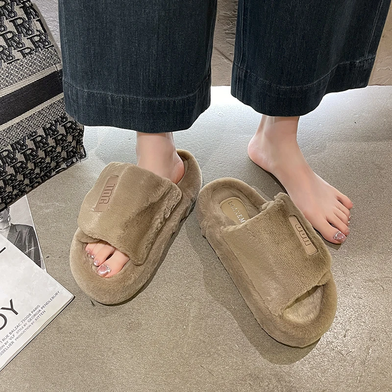 Comwarm Winter Fluffy Fur Slippers Women Fashion Plush Fuzzy Indoor Open Toe Flats Cotton Shoes Comfort House