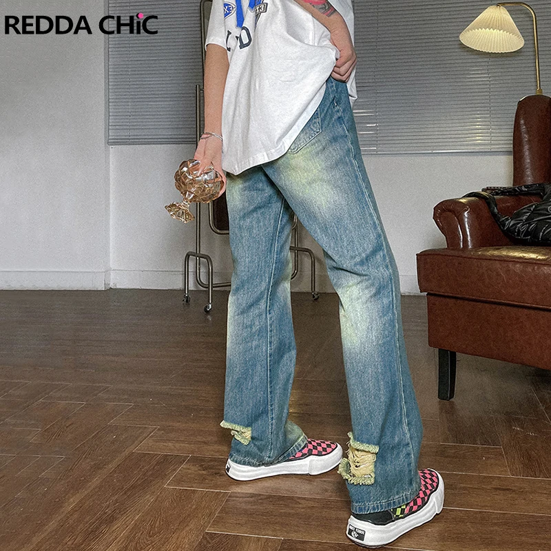 

Женские рваные джинсы ReddaChic, винтажные синие прямые брюки с высокой талией, мешковатые джинсовые брюки большого размера