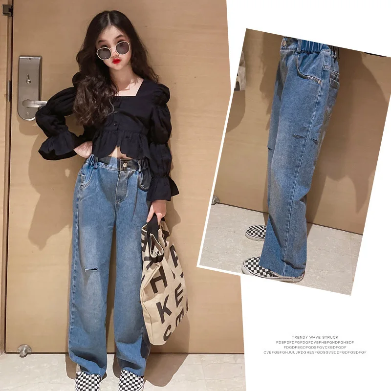 

Ripped Jeans for Teen Girls 2022 Spring Autumn Kids Mopping Pants 14 Years Children Casual Trousers Elastic Waist Girl Clothes