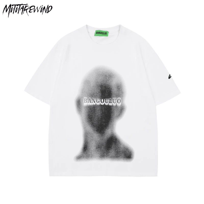 

Fuzzy Silhouette Print T-shirts Men High Street Casual Loose Streetwear T Shirt Cotton Half-sleeved Tops Tees 2023 Summer Unisex