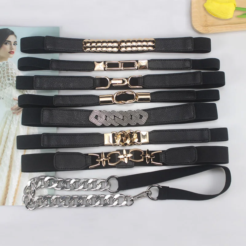 

Female Fashion Thin Elastic Stretch Waistband Crystal Bow Belt for Women Black Cinch Waist Seal Cummerband Clothing Accessories