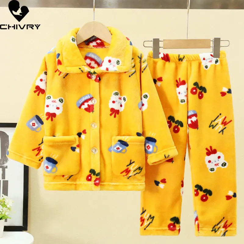 

New 2022 Kids Flannel Pajama Sets Autumn Winter Boys Girls Warm Cartoon Long Sleeve Lapel Tops with Pants Sleeping Clothing Set