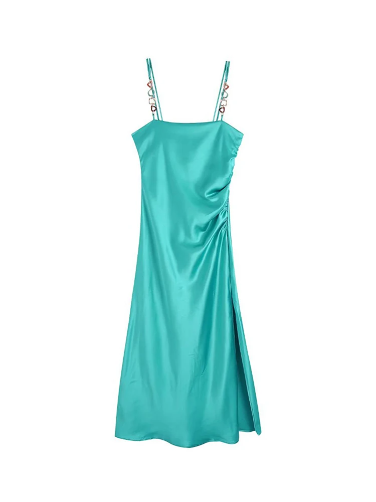 

Summer Green Satin Long Dress Women Chain Spaghetti Strap Backless Side Folds Split Maxi Dresses 2022 robe
