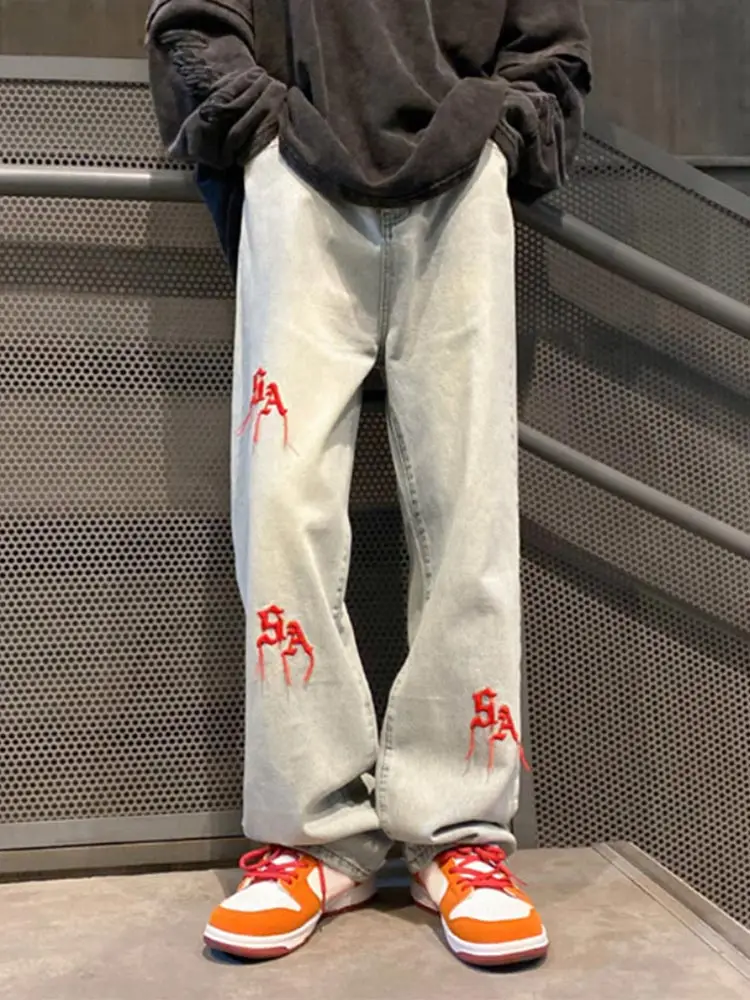 

Spring Female High Waist Y2k Straight Pant Casual Fashion Streetwear Denim Trouser Women Light Color Letter Embroidery Jean
