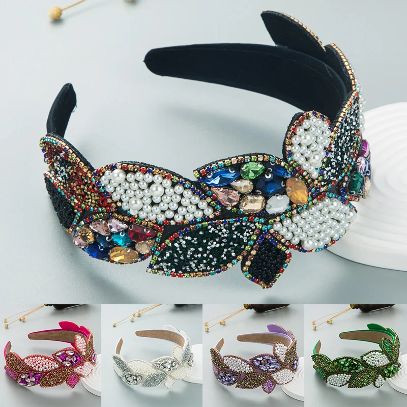 

New Fashion Prom Rhinestone Pearl Leaf Shape Baroque Headband Exaggerated Broad Hair Accessories Bridal Accessories