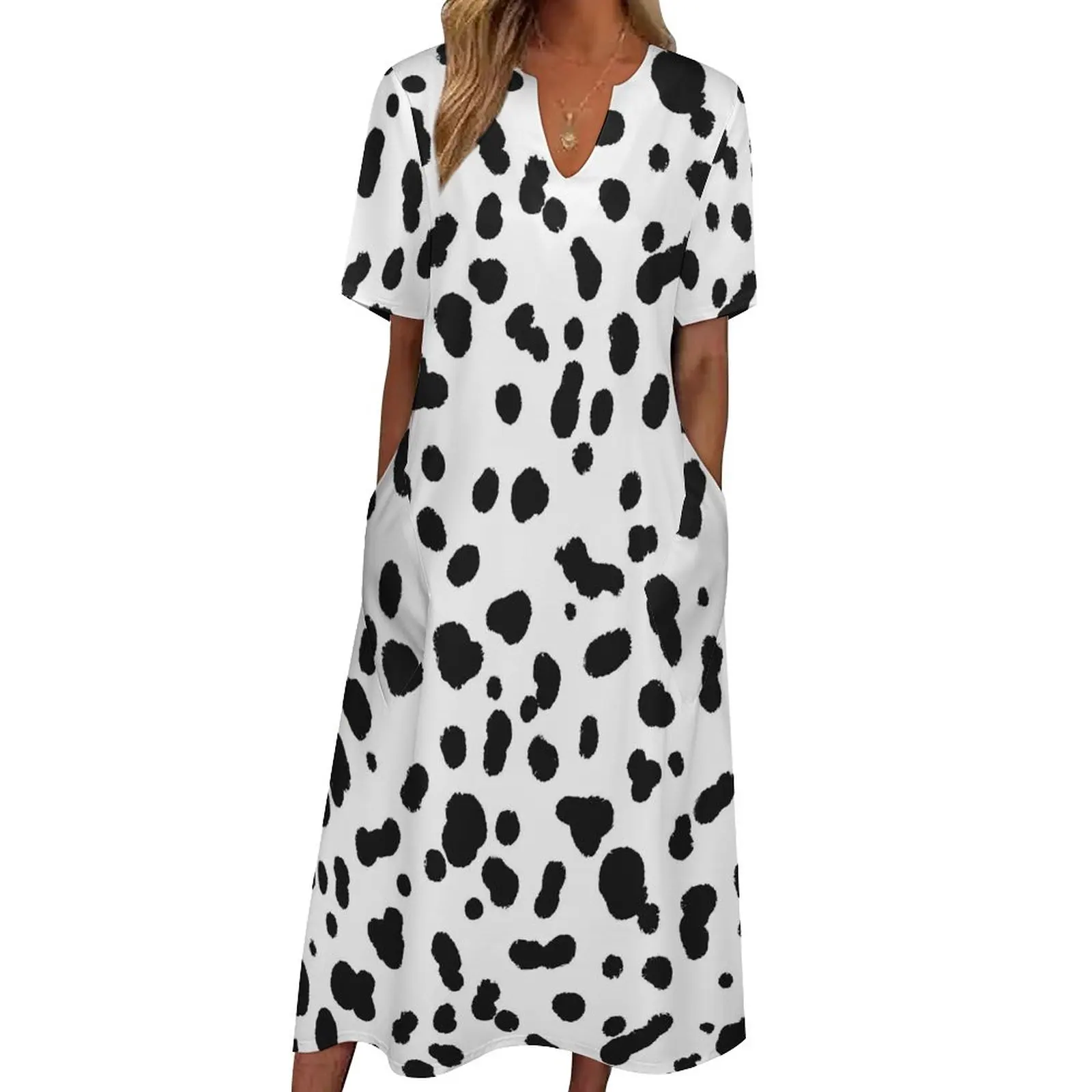 

Dalmatian Dress Black And White Spots Vintage Maxi Dress Street Style Casual Long Dresses Summer V Neck Print Vestido 4XL 5XL