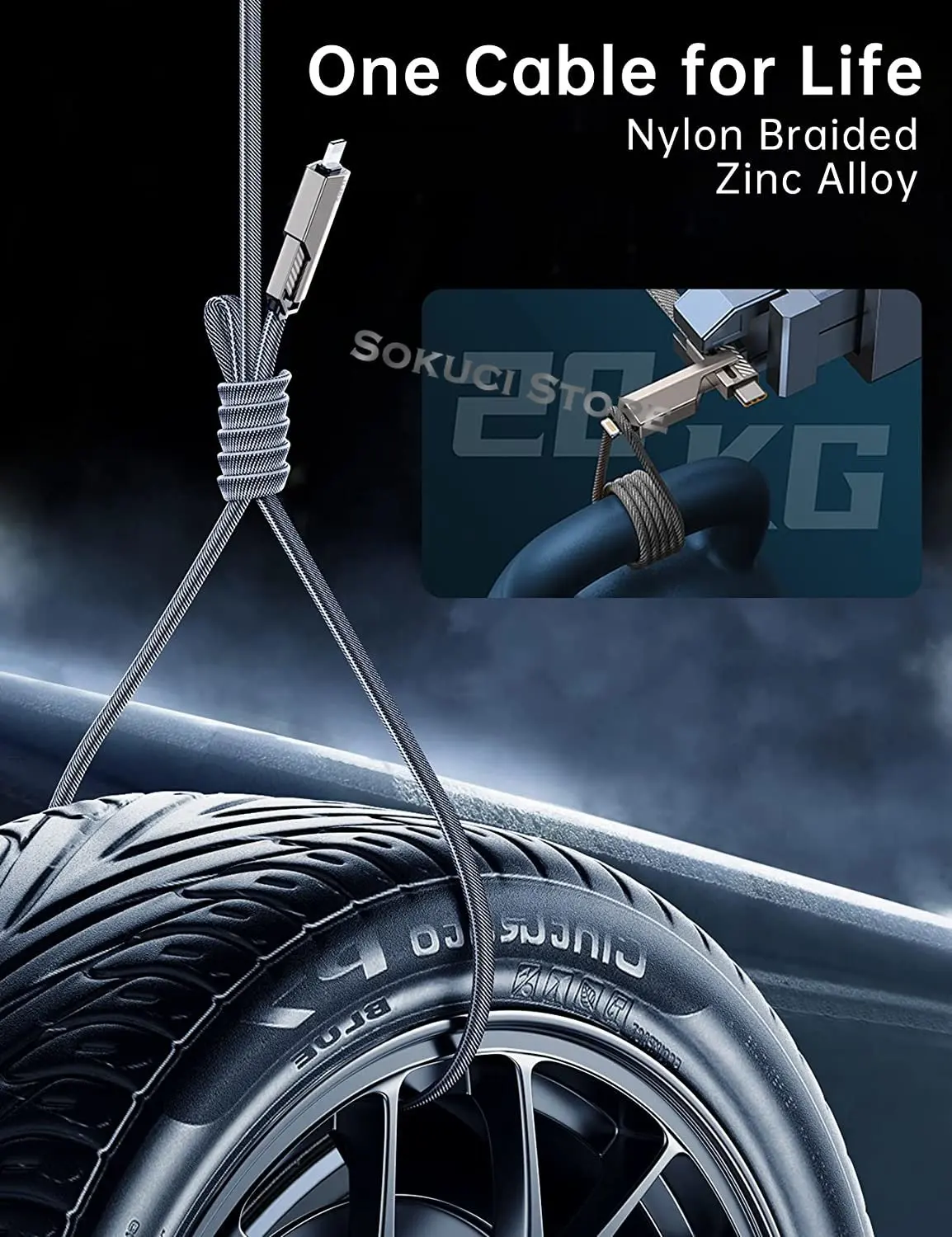 4-in-1 USB C Lightning Cable 60W PD[Fast Charging & Data Sync] Braided Anti-Tangle iPhone Charger,Multi Charging Cable Combo ios