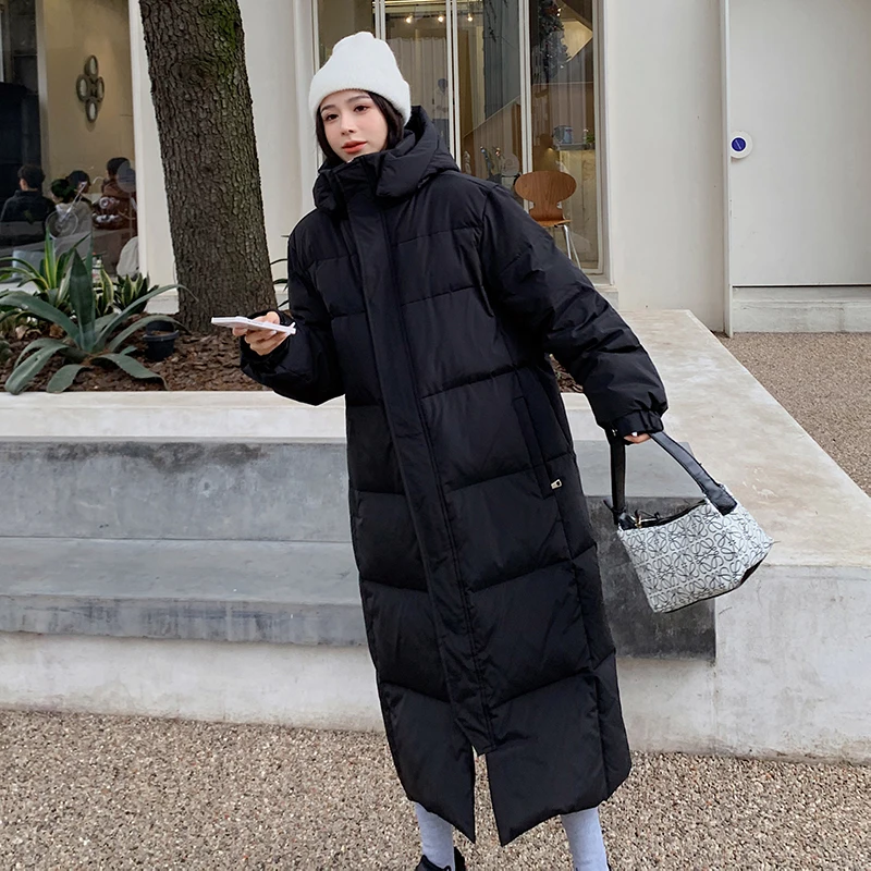 Women's Black Down Jacket Hooded Long Cotton Clothes Winter Warm Thicken Windproof Korean Fashion Loose Oversized Coat Tops