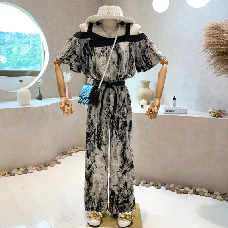 

Niche Design New Women's Clothing 2022 Summer Fashionable Wave Dot Off Shoulder Print Slim Jumpsuit Ink Painting Pants