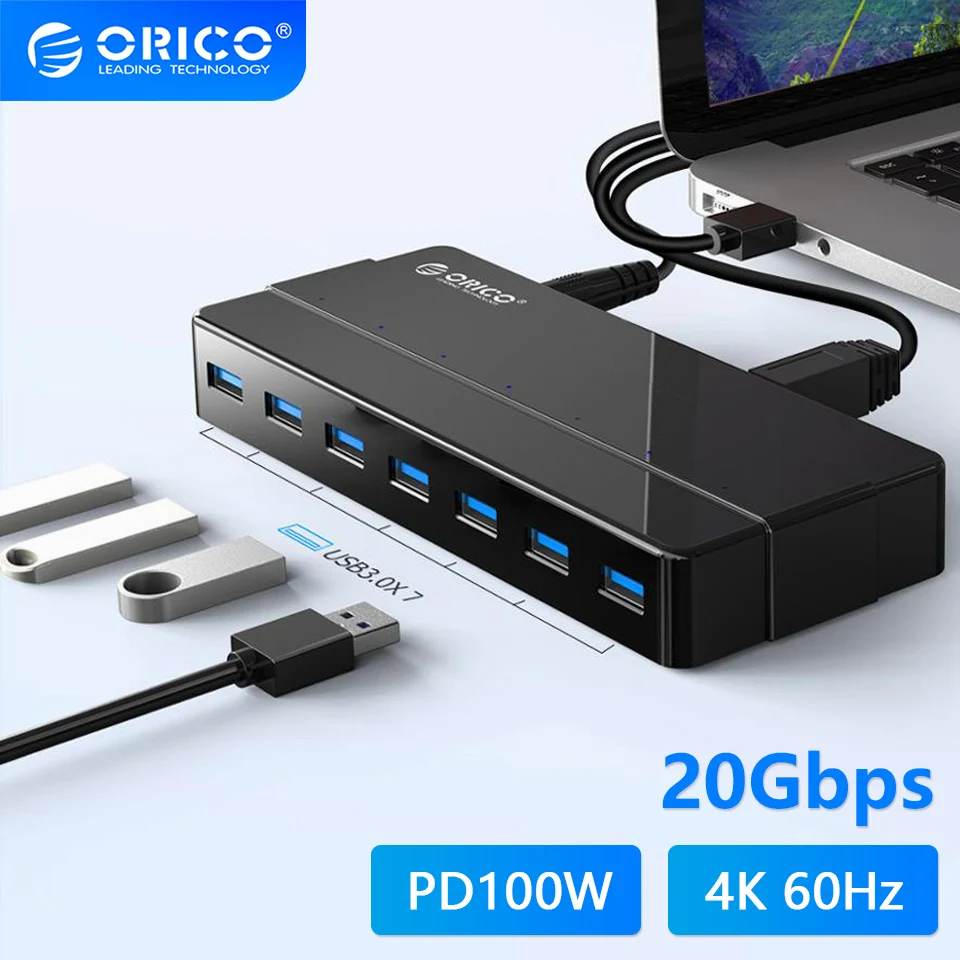 USB-Концентратор ORICO на 7 портов с 4 портами USB 3,0 и адаптером питания на 12 В