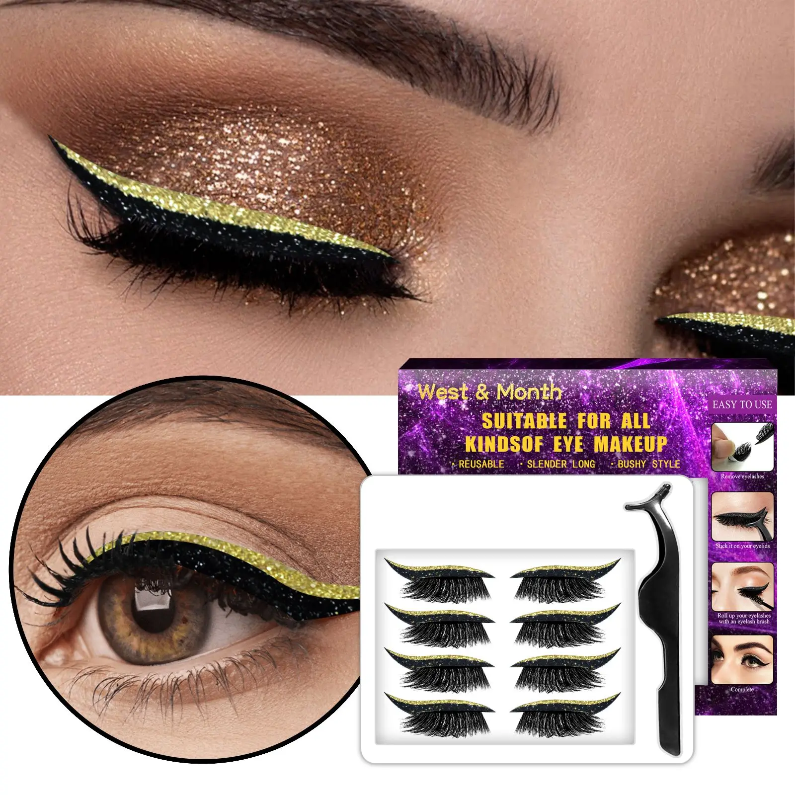 

4Pairs Reusable False Eyelashes Eyeliner Stickers Self-adhesive Eyelid Strip Natural Curly Cat Eye Makeup Tools Set