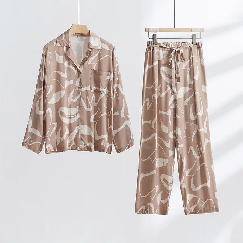 

Fashion Light Brown Color Printed Cotton Pijamas for Ladies Long-Sleeved Trousers Homewear Sleeping Pajamas Suit Pjamas