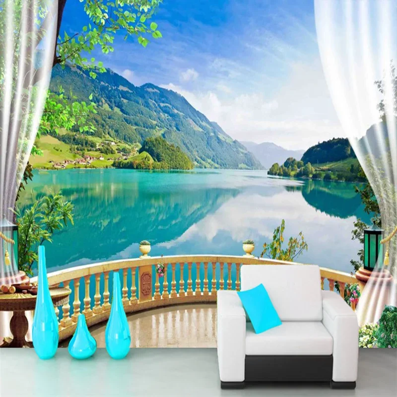 

3D Wallpaper Balcony Blue Sky Lake Forest Nature Landscape Photo Wall Murals Living Room Bedroom Backdrop Wall Papel De Parede