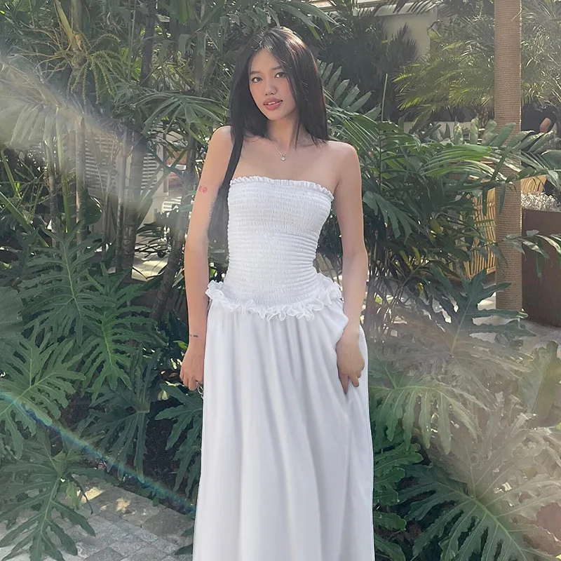 

Women Fashion Solid Color Strapless Dress Ruched Frills Boat Neck Long Dress Summer Party Backless A-line Dress