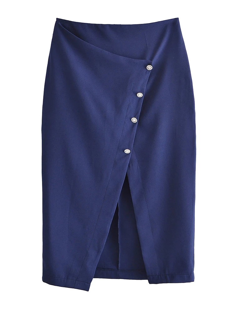 

Women High Waist Dark Blue Skirt Summer Irregular Elegant Midi Skirts 2022 Rhinestone Skirt