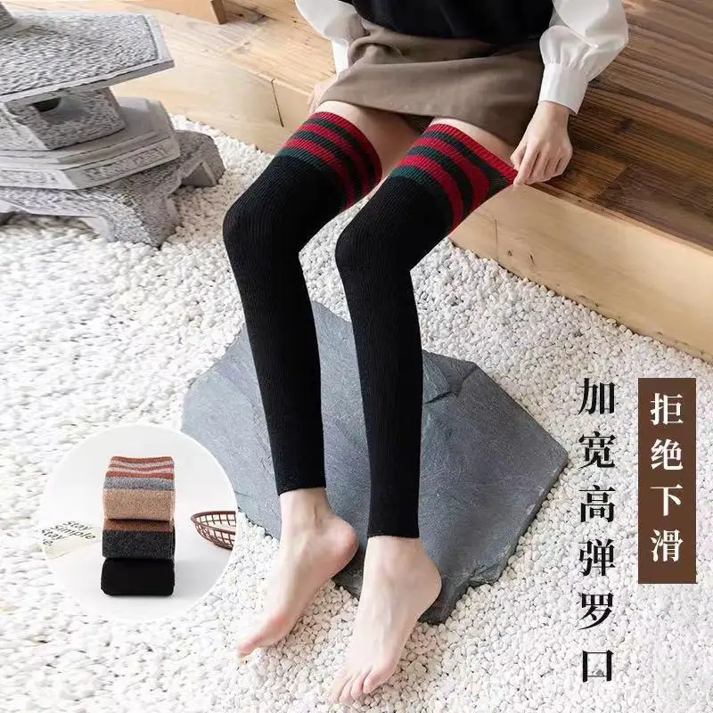 Foot Sock Women's Angora Wool Warm Thigh High Sock Foot Sock Three Bars Black JK High Yoga Autumn and Winter Long Socks